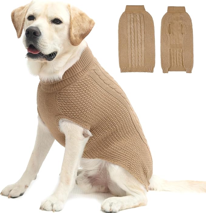 XXL Dog Sweater, Classic Cable Knit Warm Dog Sweatshirt with Reflective Yarn for Girl Boy, Halloween Fall Winter Coat Turtleneck Pullover Clothes Apparel for Small Medium Large Dogs, Khaki XXL
