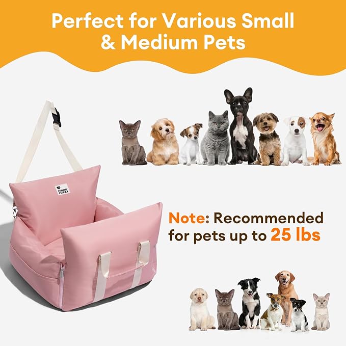 FUNNY FUZZY Dog Car Booster Seat for Small/Medium Dogs up to 25lbs – Waterproof, Non-Slip Base, Safety Leash & Fully Washable Design for Safe and Comfortable Travel (Pink)