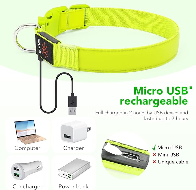 LED Dog Collar Light Up Dog Collars USB Rechargeable, Adjustable Size Heavy Duty TPU Nylon Webbing Glow Safety Basic Dog Collars for Large Medium Dogs (L, Neon Green)