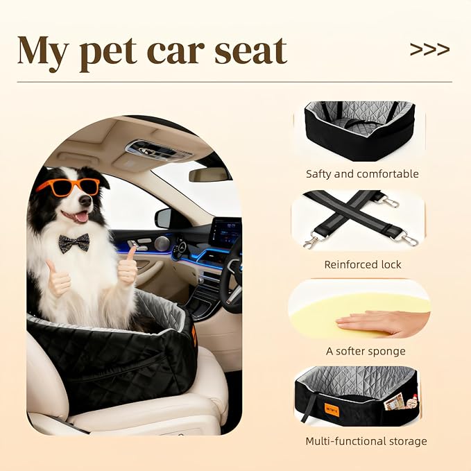 Dog Car Seat for Small Pets, Detachable Washable Pet Booster Seat Under 30lbs, Travel Bed with Storage Pockets and Dog Safety Belt (Black/Grey)