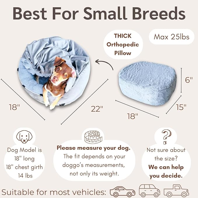 Orthopedic Dog Car Seat for Small Breeds - Original Calming Burrow Nest for Car Anxiety Relief - 6” Memory Foam Booster & Travel Bed - for Dogs Under 25lbs, Frenchie, Chihuahua