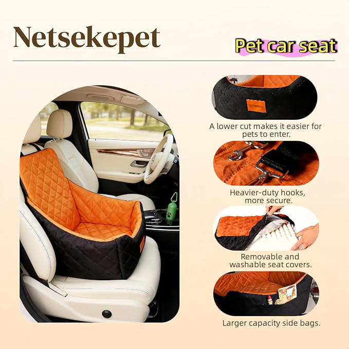 Dog Booster Car Seat for Medium Dogs up to 40lbs, Easy to Install, Fully Detachable and Washable, Anti-Slip Base, Snug Puppy Car Seat with 2 Clip-on Leashes, Black/Coffee, Medium
