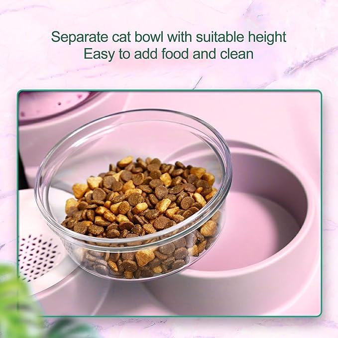 Pet Water Dispenser and Food Bowl Set, 1.8L Automatic Water Dispenser with Detachable Bowl, PPPET Material, Non Slip Base, Convenient for Cats and Small Dogs (Rooftop Drinking Fountain Pink)