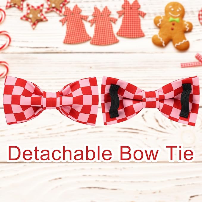 Red and Pink Plaid Dog Collarwith Bow Tie– Adjustable Red & Pink Checkered Dog Collar for Small Medium Large Dogs, Soft Xmas Plaid Puppy Collars with Quick Release Buckle S