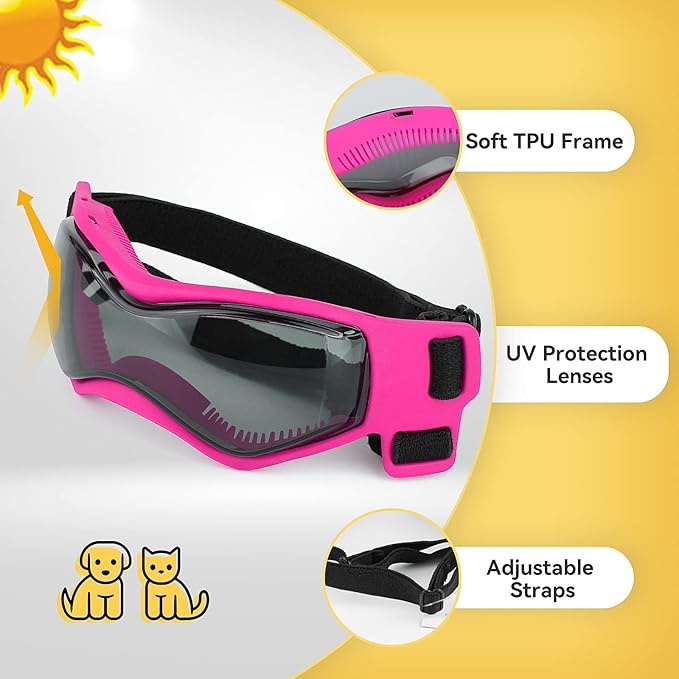 Namsan Dog Goggles Small Breeds, UV Protection Dog Glasses for Small Dogs, Puppy Sunglases Windproof Dustproof Driving Eye Protection, Adjustable, Cool Pink