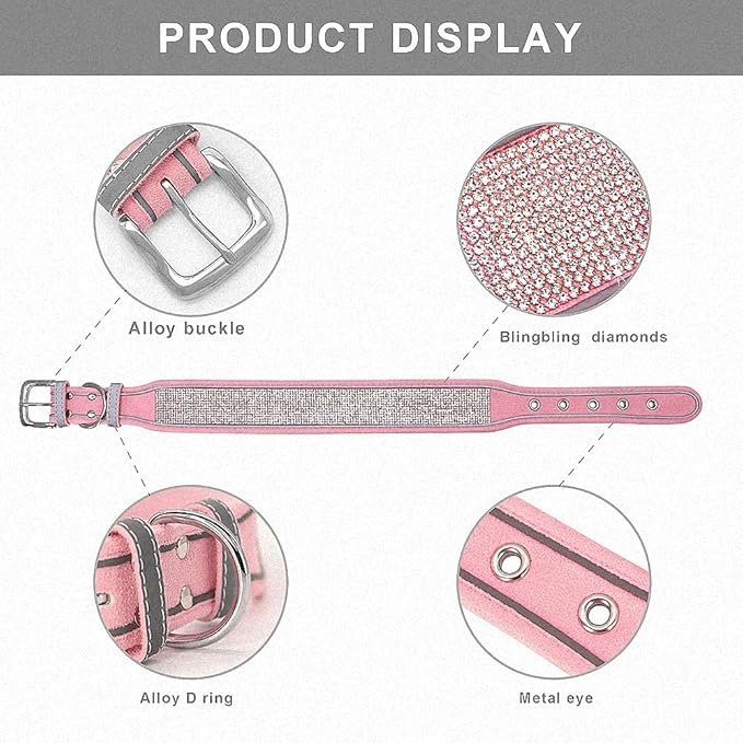 Crystal Reflective Dog Collar Gilter Rhinestone Dog Soft Collars with Buckle Dimond Pet Puppy Collars for Small Medium Large Dog Pink M