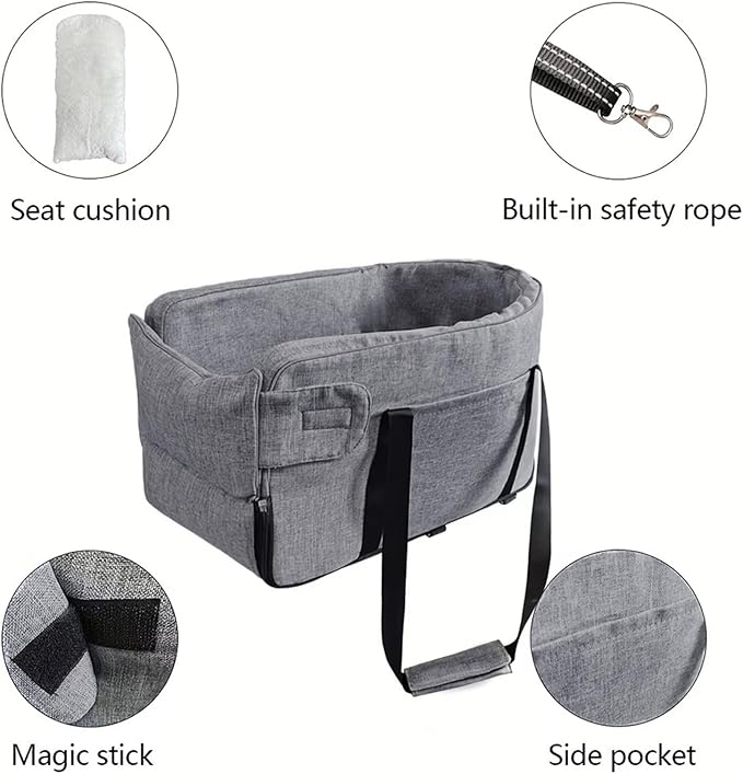 Center Console Dog Car Seat with Safety Strap Soft Cotton Cushion Detachable Armrest Pet Seat for Small Dogs Cats Under 14lbs Portable Travel Bag for Cars SUVs (Light Grey)