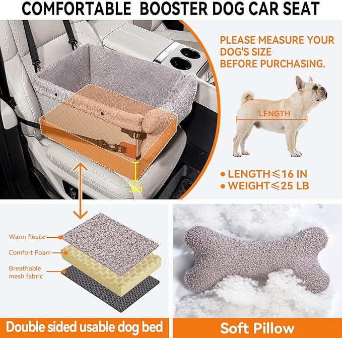 Dog Car Seat for Small Dogs,PU Leather Pet Car Seat Boosters,Puppy Cat Carseats with Washable Removable Cover(Grey, Small)