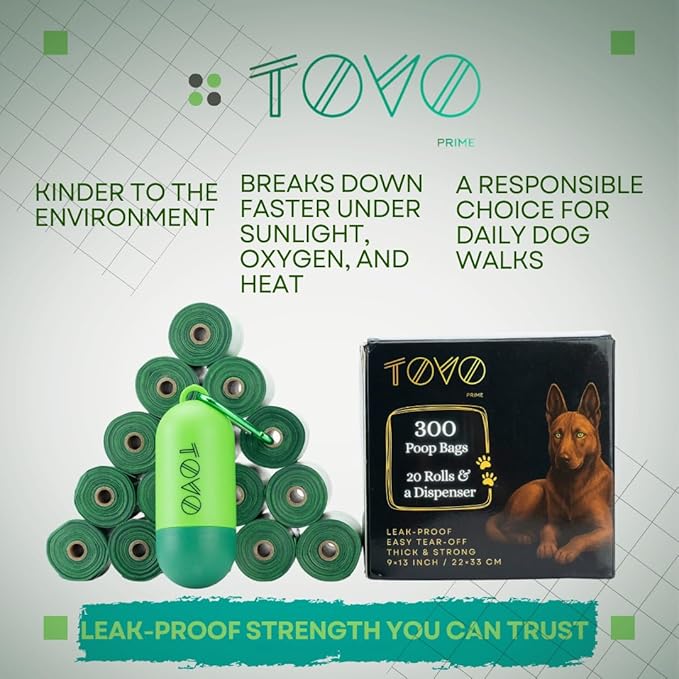 Dog Poop Bags with a Dispenser | 300 pcs, 20 Rolls, 9"x13" | Leak-Proof, Extra Strong, Thick Waste Bag | Easy Tear-Off Rolls | Unscented Green | Cat Waste Bags | Dog Waste Cleanup