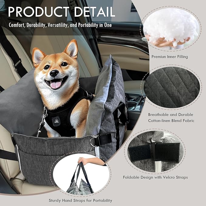 Dog Car Seat for Small/Medium Dogs Under 40 lbs - Elevated Pet Seat with Safety Belt, Non-Slip Base, and Storage Pockets for Car Travel (Gray, 30 x 20.5 inch)