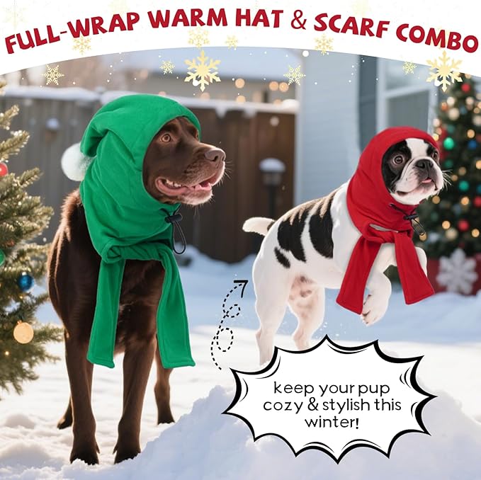 DENTRUN Dog Hood with Scarf - Warm Fleece Ear Cover for Medium Dogs, Adjustable Christmas Outfit with Pom Pom, Red (M:10-13" Head Girth)