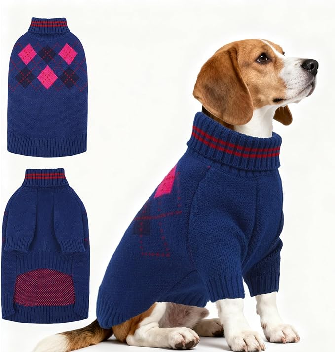 Dog Sweater for Medium Large Dogs, Cold Weather Cable Knit Pullover, Thick Warm Turtleneck Winter Clothes for French Bulldog, Labrador, Golden Retriever, German Shepherd, Great Dane- Blue L