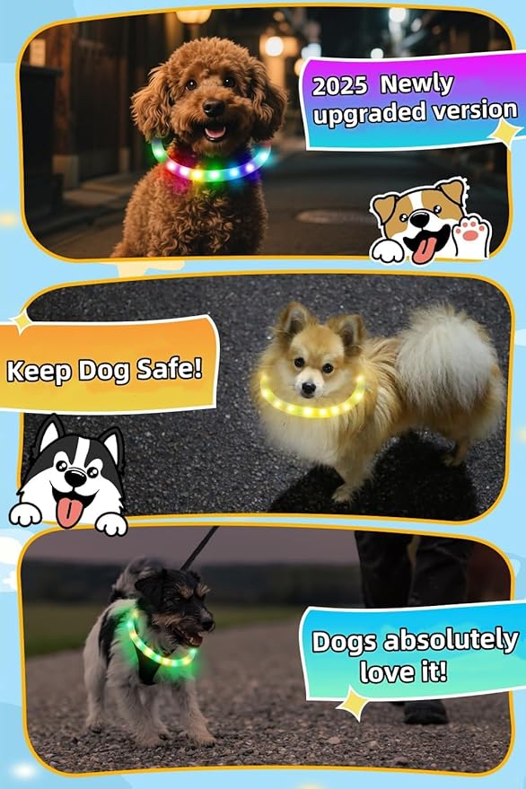 Led Dog Collar【LED Brightness Increased by 83%】 OGURIYA USB-C Rechargeable Dog Necklace Light, Pet Safety Collar Makes Your Beloved Dogs Be Seen at Night for Small Medium Dogs 19.7in Length(50CM)