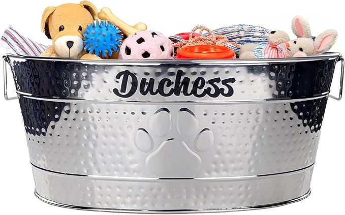 BREKX Personalized Metal Dog Toy Box - StainIess SteeI Storage Bin with Handles, Basket for Pet Toys, Dog Toy Box, Pet Storage - Custom Dog Name Gift