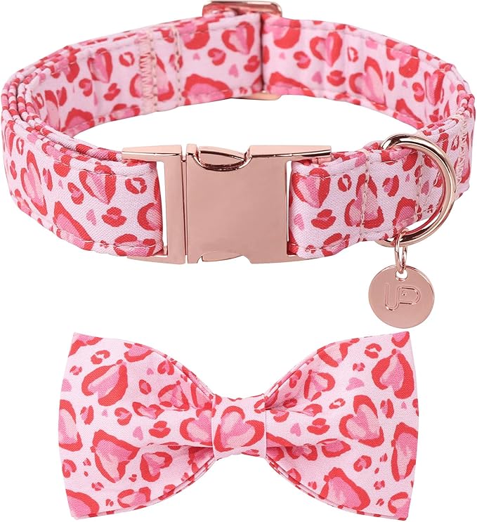 Valentine’s Day Dog Collar with Bow Tie, Pink Heart Bowtie Collar with Metal Buckle, Valentine’s Day Gift Pet Collar for Puppy Girl Boy Dog or Cat, Wedding Dog Collar,XL, Neck 16-26in