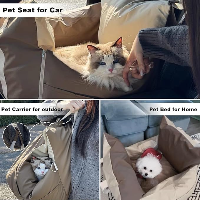 PU Leather Small Dog Car Seats for Small Dogs, Waterproof Dog Booster Car Seat with Storage Pockets and Stretchable Dog Seat Belt, Anti-Scratch Soft Leather Puppy Car Seat for Travel and Home, Beige