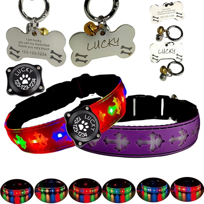 Pet Collar with AirTag Holder and ID Tag, 15 Lighting Modes, Waterproof Cross Pattern Design, Multiple Colors (Purple Pro, L(15.7-19.7"))