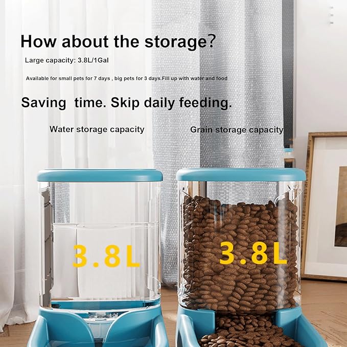 Gravity Pet Feeder & Water Dispenser Set (2Pcs), 1 Gallon Large Capacity Auto-Fill Top Fill Dog Cat Bowl, Fully Transparent Food Container with 6° Tilted Base for Healthy Feeding (Grey)