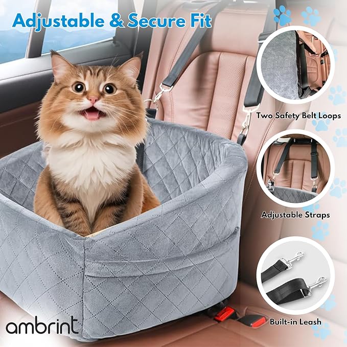 Dog Car Seat for Small Medium Sized Dogs & Cats – Booster Seat with Safety Belt, Non-Slip Bottom, Washable Bed, Storage Pockets – Pet Car Seat for Dogs/Puppy Cats Under 5-35 lbs (Grey)