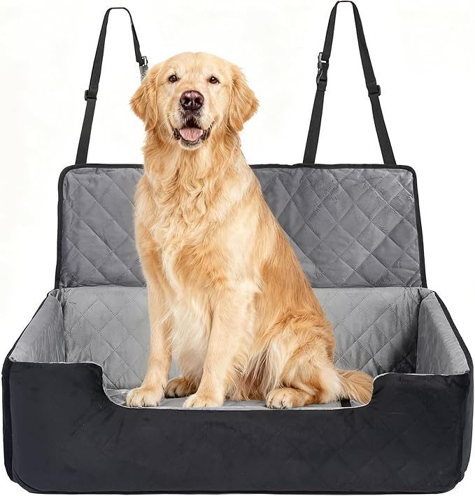 Dog Car Seat for Large Medium Dogs, Dog Booster Seat for 2 Small Dogs Memory Foam, Travel Safe Bed with Safety Belts Detachable Washable, Anti-Slip Base