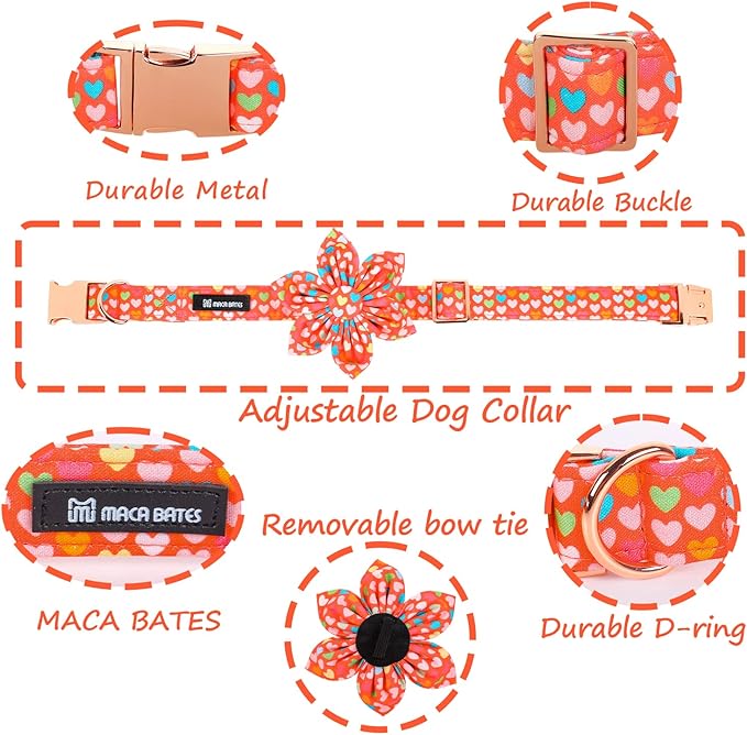 Maca Bates Valentine's Day Dog Collar with Floral Bow for Extra Small Girl Boy Dogs,Colorful Love Hearts Pattern,Adjustable Durable Soft Valentine Gift for Female Male Puppy