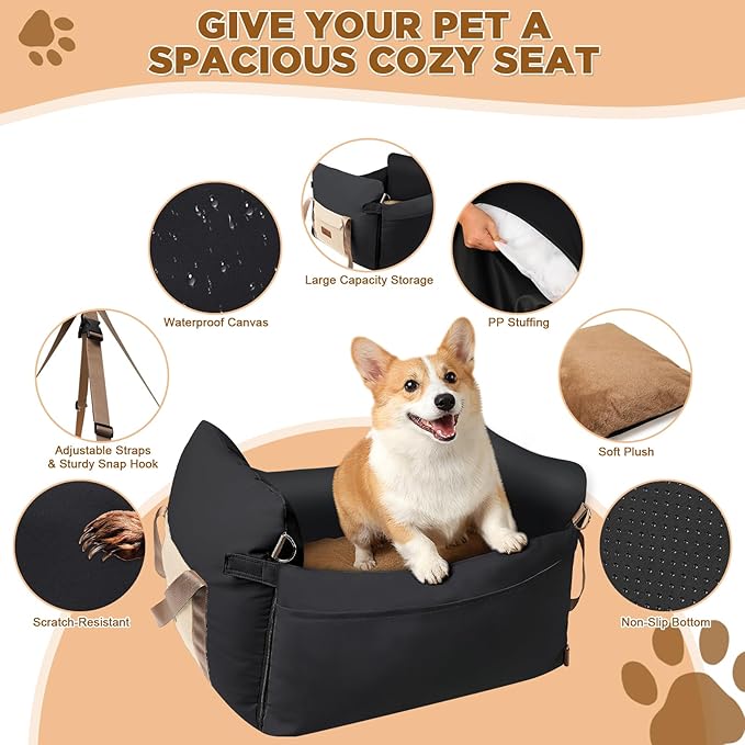Dog Car Seats for Small Dogs, 2-in-1 Waterproof Pet Booster Seat for Car with Side Handles and a Storage Pocket, Clip-On Safety Leash and PP Cotton Filling, Vehicle Bed for Puppy up to 25 lbs (Black)