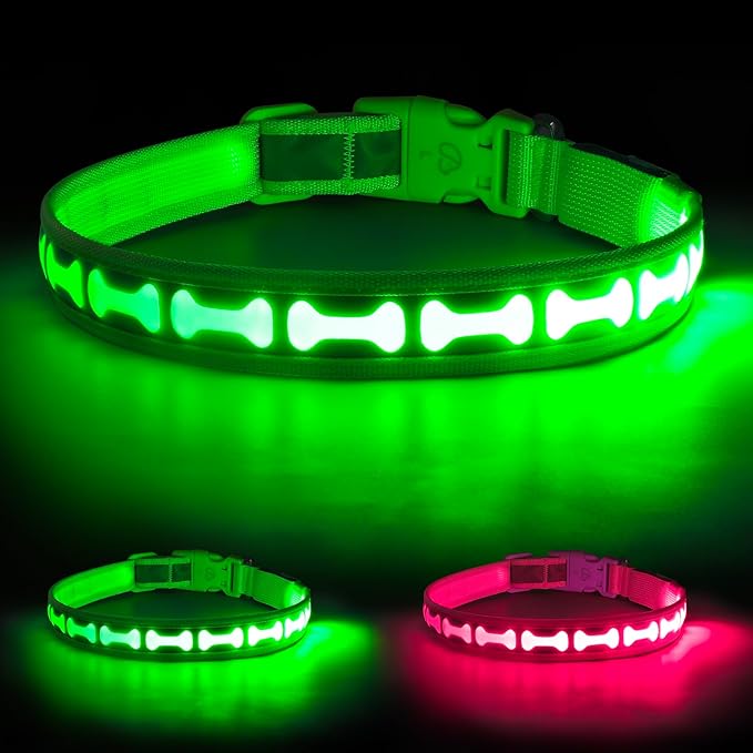 LED Dog Collar with Battery Display, Adjustable Light Up Dog Collars Rechargeable, Glowing in The Dark Reflective Light Collar Super Bright Safety Dog Light for Medium Large Small Pets (Green, S)