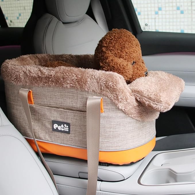 Pet Car Center Console Elevated Armrest Car Seat for Small Puppies, Dogs & Cats (Up to 10 lbs) – Khaki Washable Plush Carrier with Safety Leash, Fits Front Vehicle Console Space