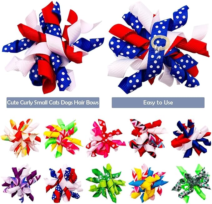 PET SHOW 20pcs/10pairs Curly Dog Hair Bows with Rubber Bands for Small Medium Dogs Spiral Puppy Swirl Topknot Cat Festival Hair Accessories Pet Favor Gift (Holiday Assorted)