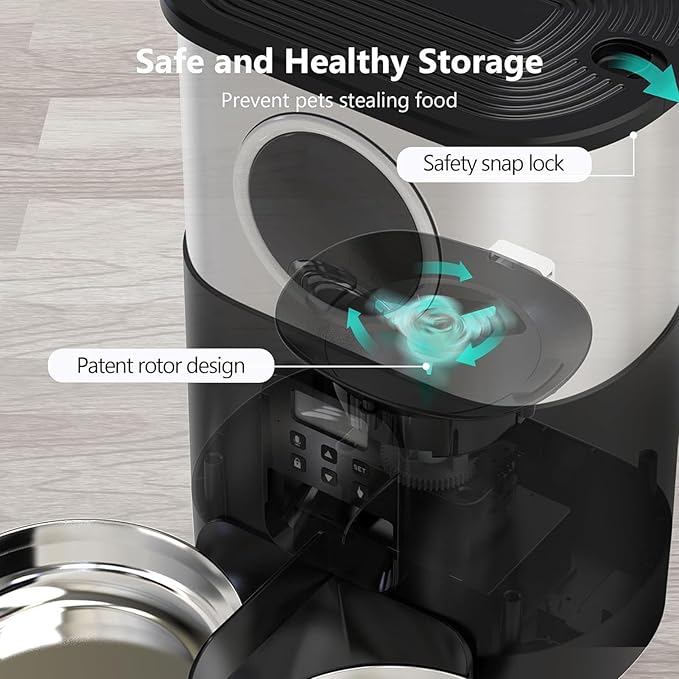 Automatic Pet Feeder, 5L Quantitative Feeding Stainless Steel 2 Bowls Dog Food Dispenser Large Capacity Automatic Timed Cat Feeders with Visable Window for Cats Dogs (Black)
