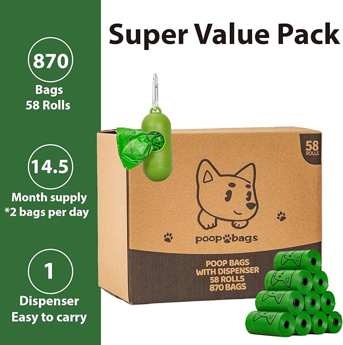 Scented Dog Poop Bags With Dispenser, Strong and Leak-proof Waste Bags for Pets, 870 Count (58 Packs of 15), 13 Inch x 9 Inch (Green)