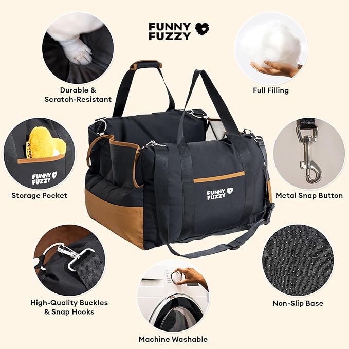 FUNNY FUZZY Waterproof Dog Car Seat for Small & Medium Dogs Up to 35lbs, Detachable & Washable Pet Booster Seat with Leash, Thick Cushion, Storage Pockets & Adjustable Straps (Black)