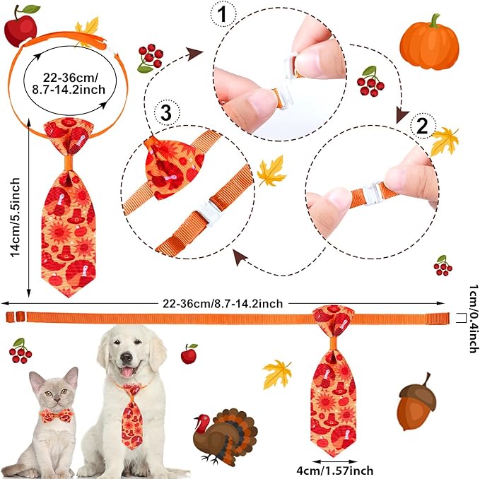 Eccliy 120 Pcs Thanksgiving Dog Bow Tie Bulk Fall Dog Grooming Bows Thanksgiving Adjustable Pumpkin Turkey Maple Leaves Pattern Pet Neckties for Small Medium Large Pet Cats