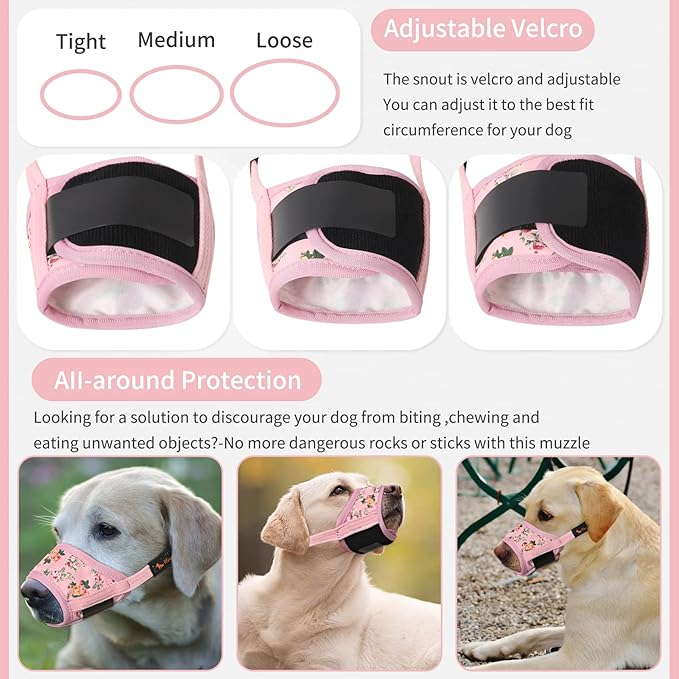 HEELE Dog Muzzle,Soft Nylon Muzzle Anti Biting Barking Chewing,Air Mesh Breathable Drinkable Adjustable Loop Pets Muzzle for Small Medium Large Dogs 4 Colors 4 Sizes (P-Pink Flower, XS)