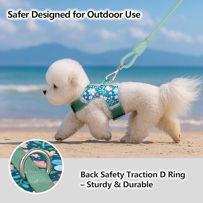 Dog Harness for Small Sized Dog,Hook-and-Loop Easy On/Off, Reflective Adjustable Soft Mesh Vest for Puppy (Green Floral Print,M)