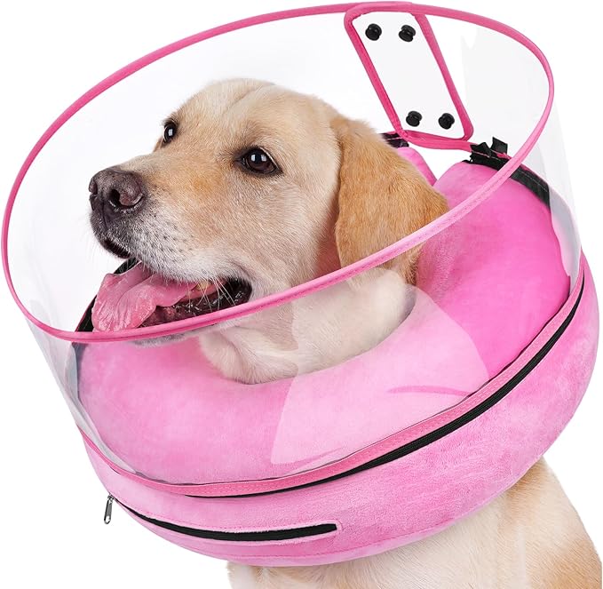 BARKLESS Inflatable Dog Cone, Protective Dog Surgery Collar to Stop Licking Biting Wounds, Patented Soft Donut Cone with Clear Shield, Adjustable Blow-up Collar for Surgery (Pink, M (Neck: 8"-11"))