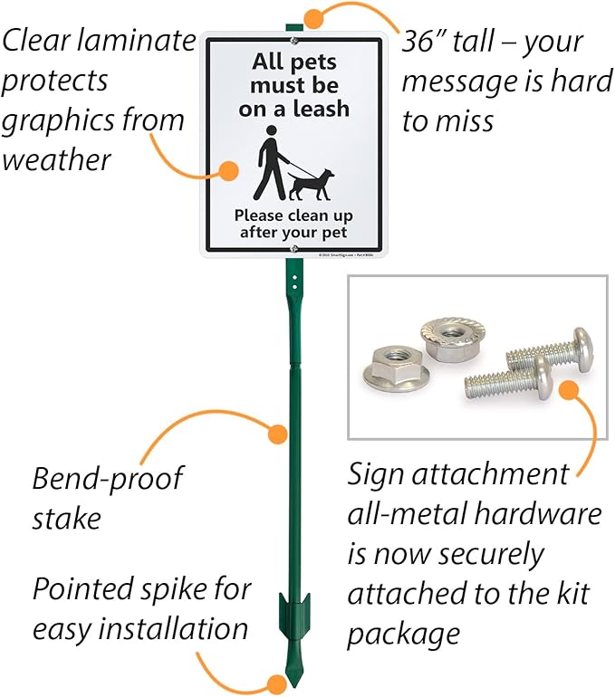 SmartSign 12 x 10 inch “All Pets Must Be On A Leash - Please Clean Up After Your Pet” Yard Sign with 3 foot Stake, 40 mil Laminated Rustproof Aluminum, Black and White, Set of 1