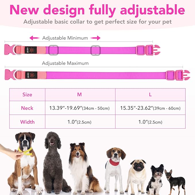 LED Dog Collar Light Up Dog Collars Red Light USB Rechargeable, Adjustable Size Heavy Duty TPU Nylon Webbing Glow Safety Basic Dog Collars for Large Medium Dogs (L, Candy Pink)