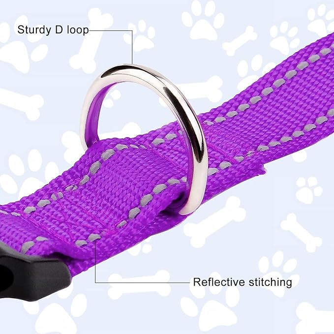 FunTags Reflective Dog Collar, Sturdy Nylon Collars for Small Girl and Boy Dogs, Adjustable Dog Collar with Quick Release Buckle, Purple