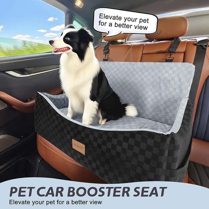 JOEJOY Dog Car Seat for Medium/Large Dogs - Reversible Dual-Sided Travel Dog Car Bed with Memory Foam, Washable Pet Booster Seat for Dogs up to 55 lbs or 2 Small Dogs, 2 Safety Leashes (Black/Grey)