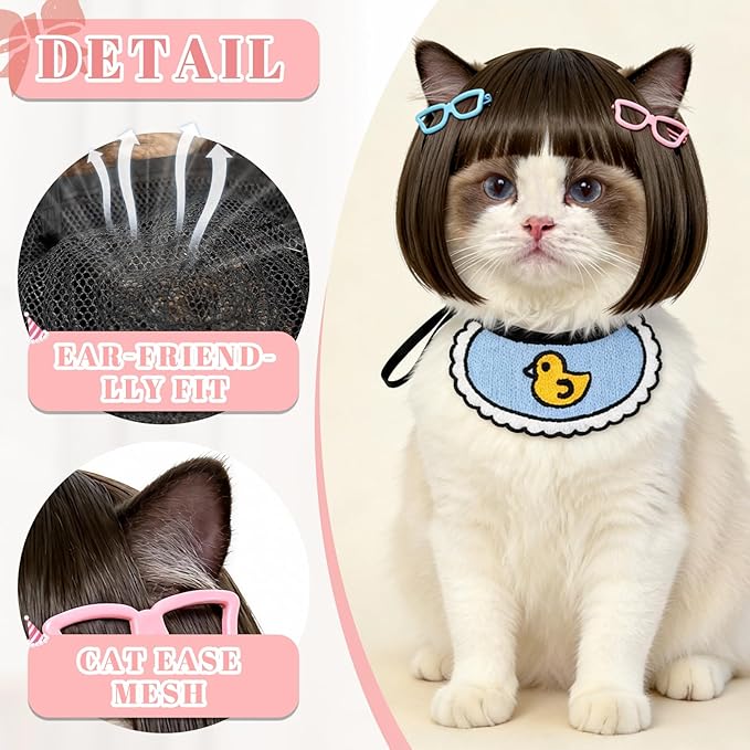 Funny Cat Bangs Bob Wig - with Ear Holes, Adjustable Elastic Band & Trimmable, Built-in Knitted Bandana & Bow Clip, Cat Cosplay Costume for Halloween Christmas Parties Festivals (Black)