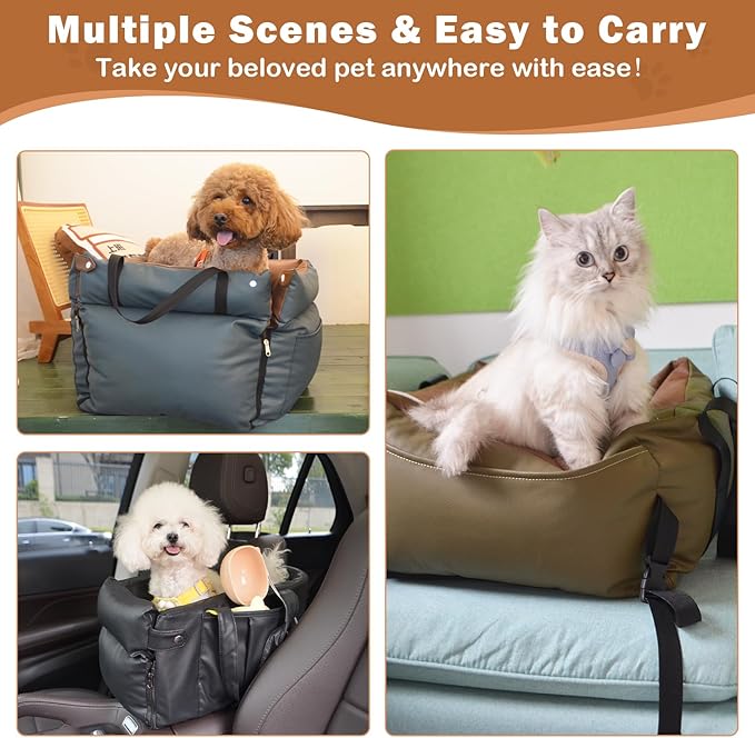Portable Small Dog Seat for Car, Luxury Leather Center Console Dog Car Seat Booster with Safety Tethers, Anti-Collapse Pet Travel Carseat for SUV, Truck