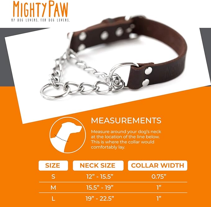 Mighty Paw Martingale Dog Collar - No Pull Design - Stainless Steel Chain - Limited Chain Cinch Training - Brown Leather Martingale Training Collar - Large Size