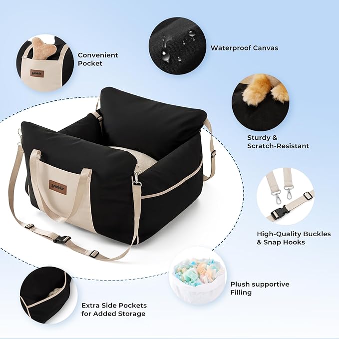 Dog Car Seat for Small to Medium Dogs - Waterproof Pet Booster Seat for Car with Clip-On Safety Leash, Travel Carrier for Puppy up to 25 lbs, Memory Foam Filling & Adjustable Buckles, Grey