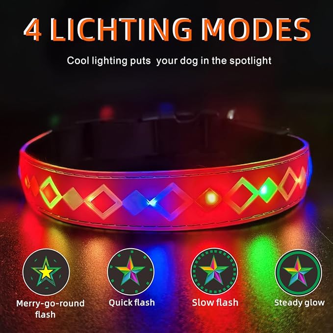 LED Dog Collar with ID Tag, 15 Light Modes, Waterproof Silicone, Night Safety (RED Pro, S(7.87-11.8"))