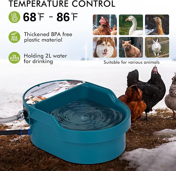 Heated Automatic Dog Water Bowl Outdoor Large Breed Heated Waterer with Float Valve Wall Mounted Pet Thermal-Bowl Winter Livestock Water for Dogs Chicken Horse Cat