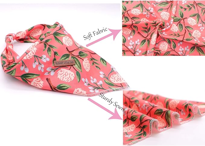 Elegant Little Tail Floral Dog Bandana 1PCS Washable Reversible Cotton Bibs Scarf, Adjustable Square Kerchief for Small to Large Dogs and Cats
