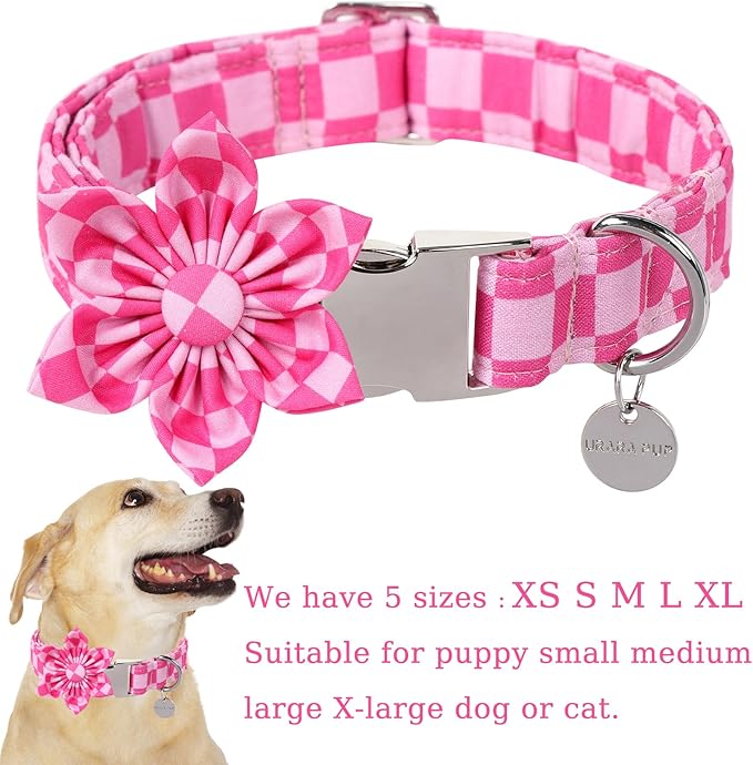 Dog Collar with Flower, UP URARA PUP Cute Pink Dog Bowtie Collar, Detachable Flower Bow Puppy Collar with Metal Buckle for Dogs,S