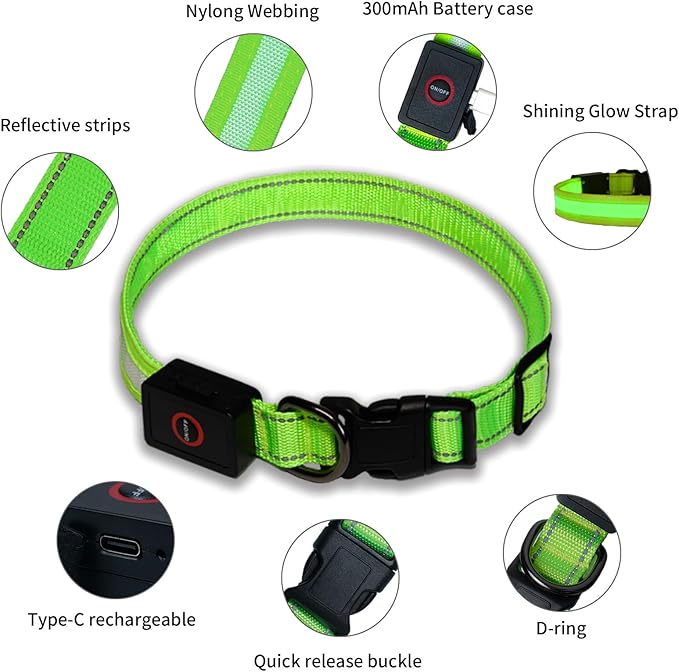 LED Dog Collar Light Up with 2025 Bright Beads & 300mAh Battery, Type-C Rechargeable Waterproof Dog Collar, 3 Flash Mode 15H for Night Safety, Adjustable Nylon Glow Collar for Small Medium Large Dogs
