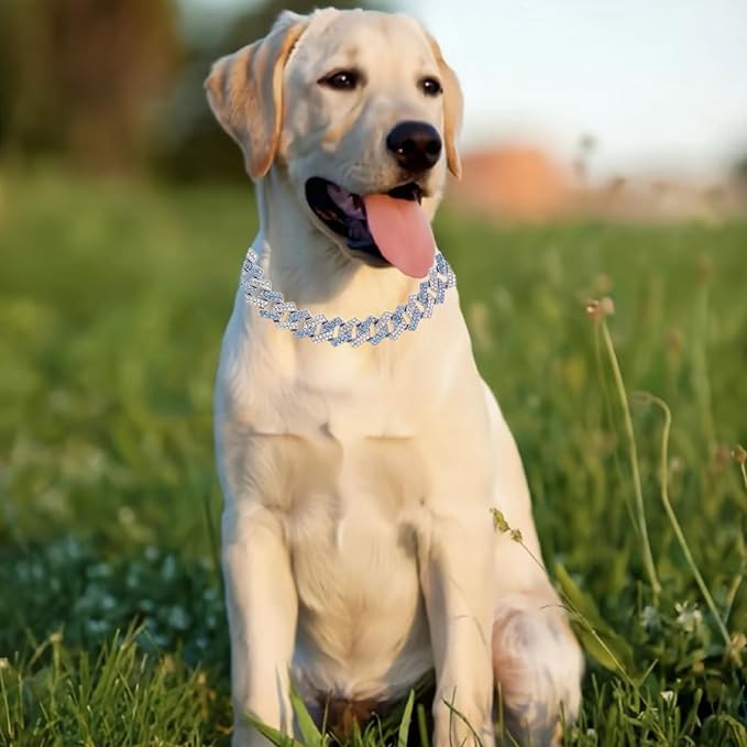 Blue Dog Collar Necklace, Bling Diamond Cuban Link Dog Collar Glitter Rhinestone Puppy Chain for for Small Medium Large Pet Dogs(Blue 12inch)